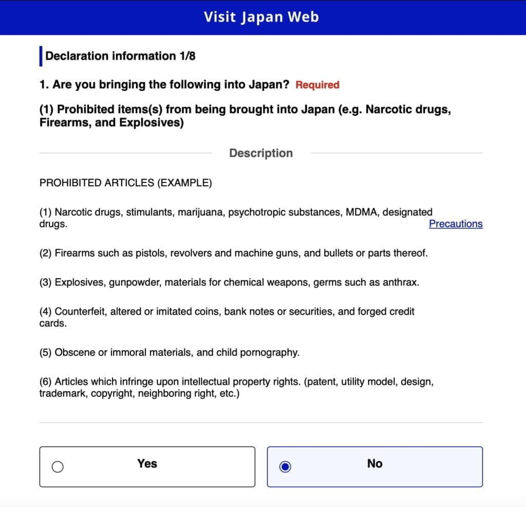 Visit Japan Web Custom Declaration Questions