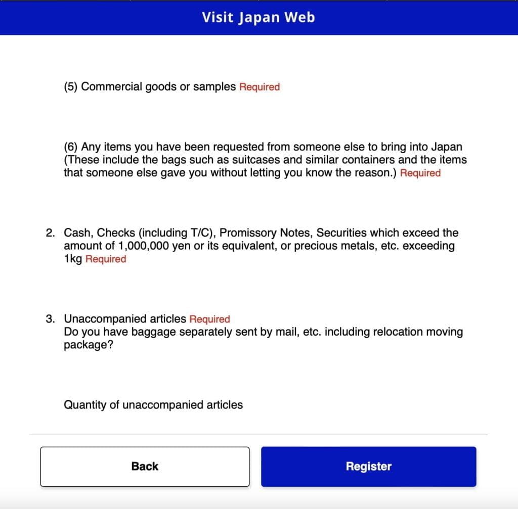 Visit Japan Web Custom Declaration Summary