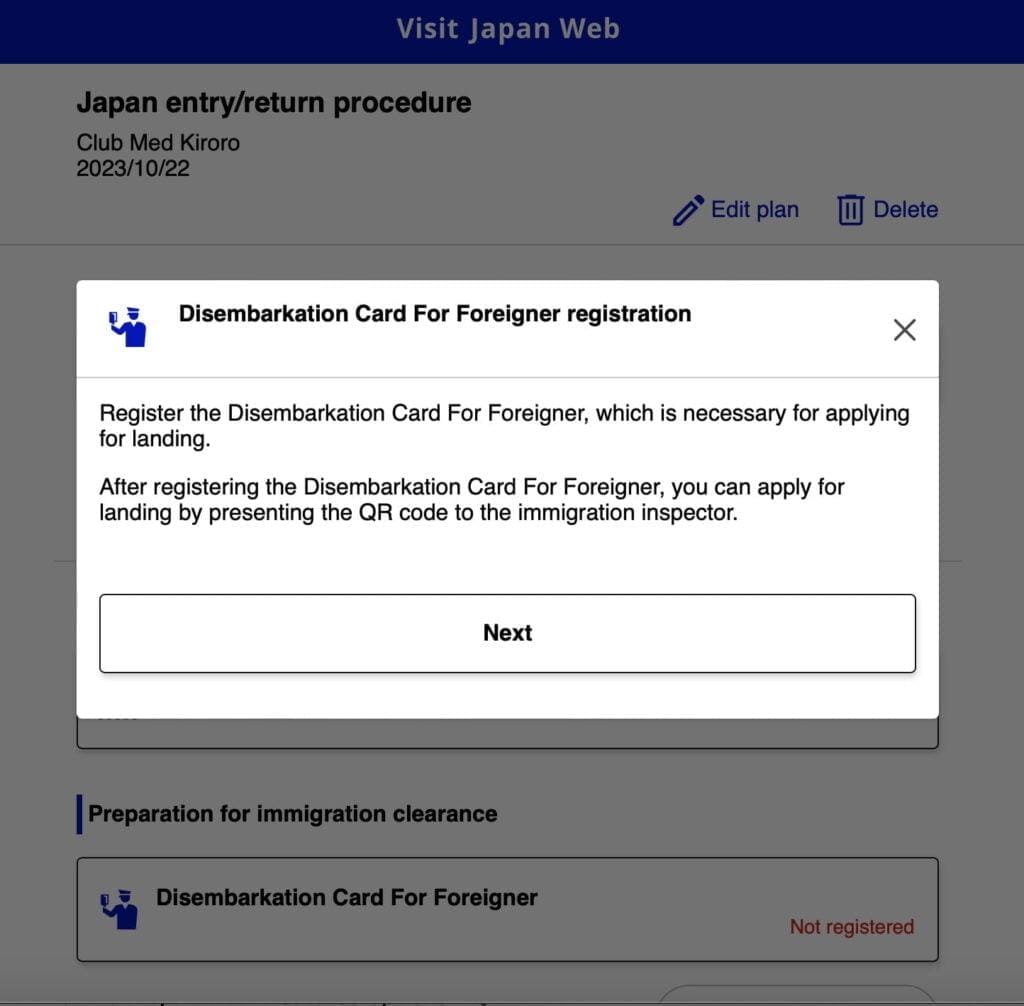 Visit Japan Web Embarkation Card