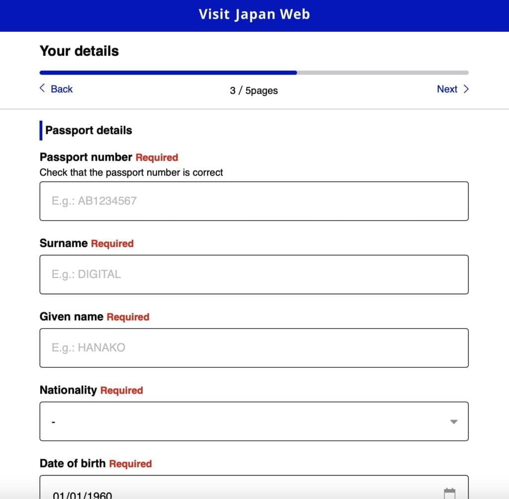Visit Japan Web Passport Details
