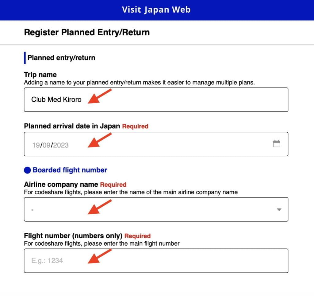 Visit Japan Web Trip Name